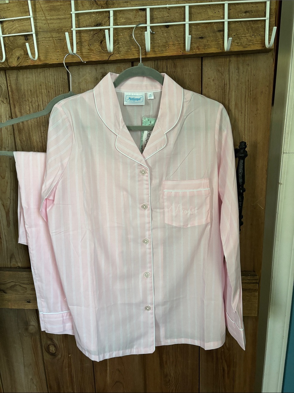 Pink and White Striped Cotton Pajama Set embroidered “Mom” by me!